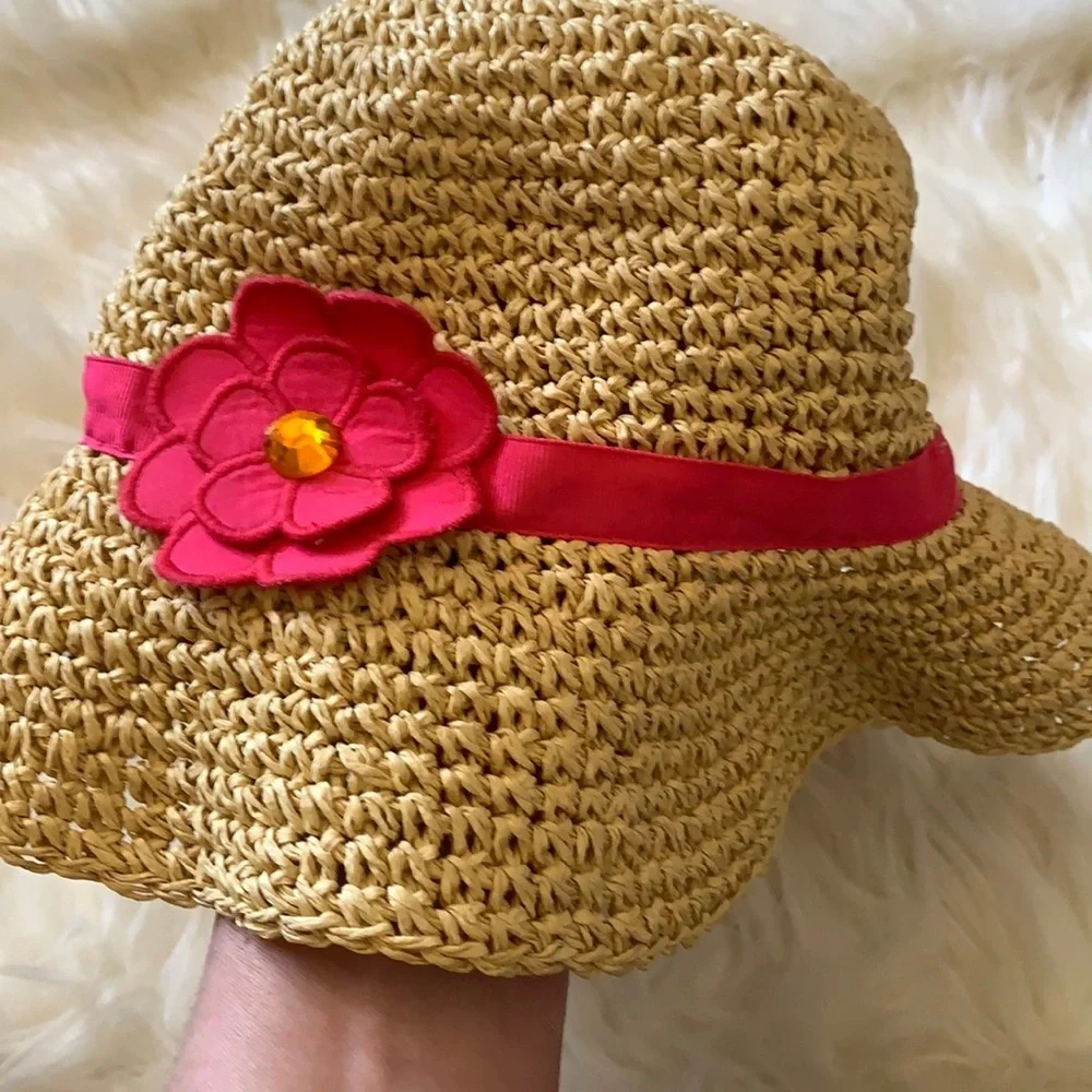 Gymboree Girls Straw Sun Hat Pink Flower Ribbon Beach Hat Size 5-7